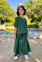 Cotton Poplin Embroidered Green Wrap Blouse and Flared Elasticated Midi Length Trousers