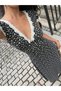 Women's Short Sleeve Deep V Neck Lace Detailed Floral Patterned Long Single Jersey Dress - 2