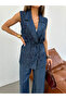 Women's Front and Back Embroidered Denim Fabric Vest and Pants Set - 4