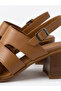 Genuine Leather Tan 6 cm Thick Heeled Women's Sandals - 8