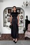 Midi Length Premium Black Satin Dress with Lace and Slit Detail - 6