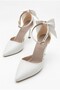 Women's Stoned Bow Detailed Ankle Strap Stiletto Pointed Toe Thin Heeled White Evening Dress Shoes - 8
