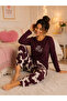 Women's Burgundy Floral Patterned Long Sleeve Pajama Set Comfortable Home and Sleepwear - 3