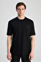 Ds Damat Regular Fit Black Embroidered 100% Cotton Single Jersey T-Shirt