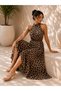 Eye-Catching Elegance! Women's Patterned Summer Long Single Jersey Dress with Gipe Detail at the Waist - 4