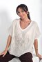 Women's Italian Linen V-Neck Sequin Floral Embroidered Shoulders Mesh Oversize Blouse