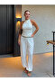 White Halter Neck Gathered Side Blouse and Pants Set - 1997