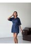 Women's Belted Buttoned Shirt Collar Mini Dress Navy Blue - 6