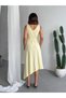 Crep Women's Asymmetrical Midi Dress – Waist Detailed V-Neck 100% Cotton Summer Dress Yellow - 5