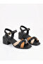 Genuine Leather Black Block Heeled Sandals with Knot Detail - 2