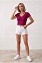 Women's burgundy v-neck lycra basic short sleeve crop top - 3