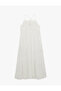 Cotton Layered Scalloped Embroidered Strappy Halter Neck Long Dress - 2