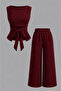 Burgundy Back-Tie Detailed Sleeveless Boat Neck Bottom Top Set - 2