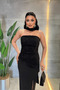 Double Fabric Strapless Pencil Dress with Shawl Detail - Black - 3