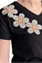 Women's Black 100% Cotton Regular Fit Floral Embroidered Knitted T-Shirt - 8