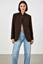 Women's High Collar Oversize Cut Buttoned Brown Jacket