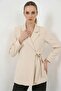 Women's Blazer with Collar, Belted, Side Tie, Beige Jacket - 4