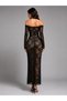Women's Black Lace Madonna Collar Long Sleeve Detachable Lined Maxi Evening Dress - 5