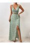 Women's Rope Strap Double-Breasted Collared Patterned Single Jersey Crop Blouse and Slit Long Skirt Two-Piece Set - 5