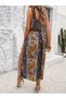 Women's Open Shoulder Front Collar Cross Elastic Ethnic Patterned Slit Long Single Jersey Dress - 3