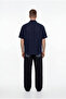 Men's Short Sleeve Oversize Linen Shirt Navy Blue - 7