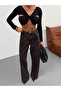 Belted Brown Stone Washed Front-Detail Denim Palazzo Pants - 5