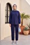 Long Back-Cut Crew Neck Top with Elasticated Sleeves and Trousers Set - Dark Blue - 4