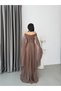 Brown Pleated Strapless Evening Dress with Sleeve Detail - 7