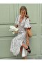 Women's Short Sleeve V-Neck Side Slit Floral Patterned Midi Single Jersey Dress - 4