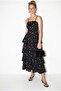 Women's Black Floral Patterned Layered Flounced Cape Long Dress 4233 60286391 - 5