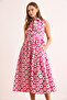 Women's Fuchsia Daisy Patterned Belted Midi Dress Nj176 - 3