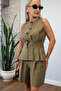 Khaki Pleated Vest Shorts Set - 3