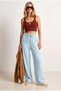 Women's Baby Blue Elastic Waist Pocketed Royal Linen Flowy Trousers Pnt-19000412 - 2