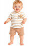Baby Boy Teddy Bear Embroidered Letter B Line Patterned Beige Color Shorts Set - 2