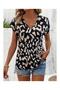 Women's Black Beige Leopard Patterned V-Neck Short Sleeve Relaxed Cut Blouse T-Shirt