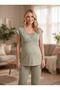 New Season Green Summer Design with Easy Breastfeeding Feature, Short Sleeve Woven Maternity Pajama Set, 3-Piece Set - 8