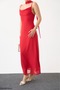 Women's Red Long Dress with Neck Accessory and Straps - 2
