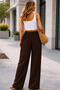 Dark Brown Linen Look Elastic Waist Palazzo Trousers - 2