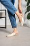 Dory Beige Wrinkled Matte Square Toe Belt Detailed Short Heeled Women's Ballerina Casual Shoes - 4
