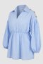 Maca Elastic Waist Balloon Long Sleeve Buttoned Shoulders Satin Women's Shirt & Blouse & Hijab Shirt - Blue&White - 4