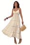 Women's Summer Linen Dress - Suspender Back Gipe Detailed Horizontal Lace Stripe Design 8530 - 6