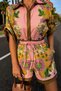 Women's Imported Patterned Shorts Set Pink Shirt Collar Lace-Up Summer Two-Piece Set