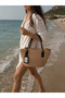 Women's Straw Beach Bag with Black Handle, Large Size Shoulder & Hand Bag, Lined, Summer Style, Natural Look