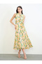 Yellow Ruffled Pleated Midi Dress with Tie Belt - 3