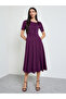 Purple Short Sleeves A-Line Midi Dress - 2