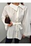 Women's Belted Oversize Long Shirt with Tassel Cuffs - 3