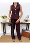 Women's Linen Button Detailed Vest Trousers Jewelry Stylish Two-Piece Set - 3