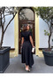 Women's Black Square Neck Watermelon Sleeve Slit Midi Dress Yel0959 - 5