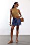 Navy Blue Contrast Stitched Pleated Denim Skirt 4531 - 4