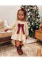 Baby Girl Cream Floral Embossed Textured Long Sleeve Burgundy Big Bow Dress and Stretchy Elastic Bandana Set Birthday Dress - 6